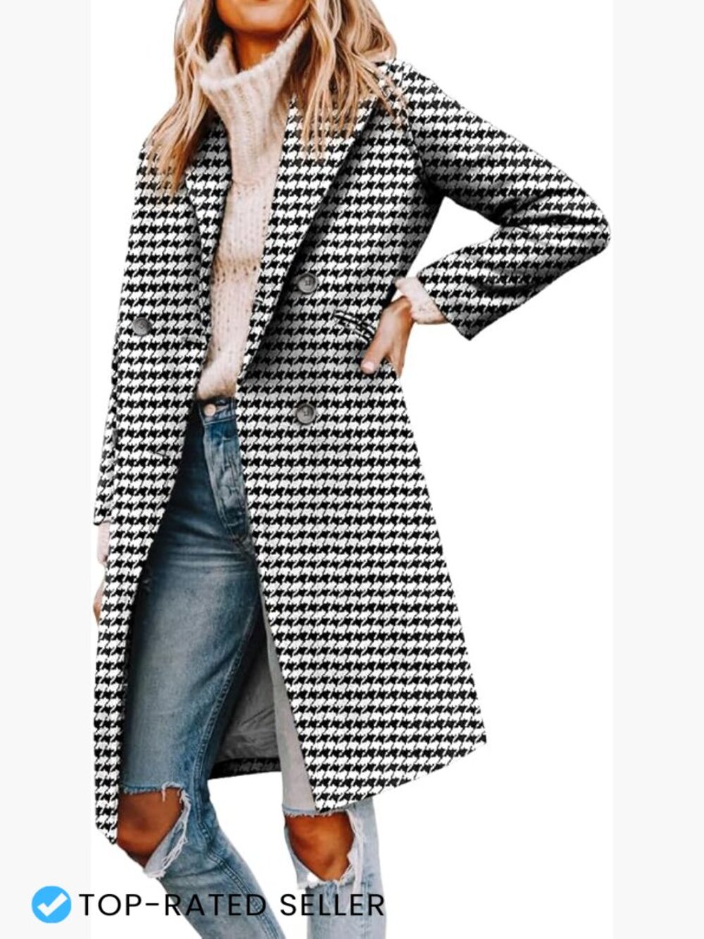 Notched Lapel Double Breasted Pea Coat Mid Long Elegant Classic Wool Blend